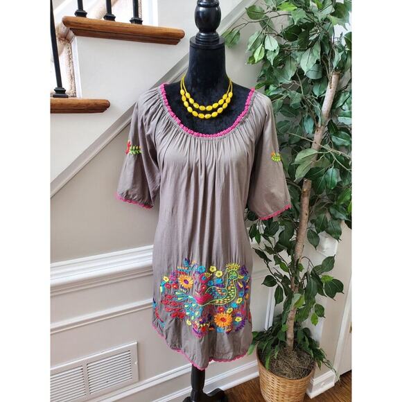 IVY Jane Embroidered Gray Cotton Round Neck 3/4 Sleeve Knee Length Dress Size XS - Picture 1 of 12